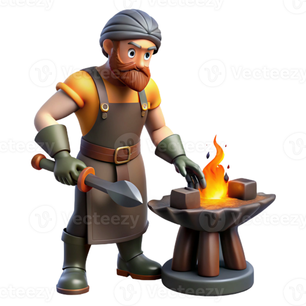 extraordinary abstract 3D Cartoon Blacksmith Crafting at Forge detailed png