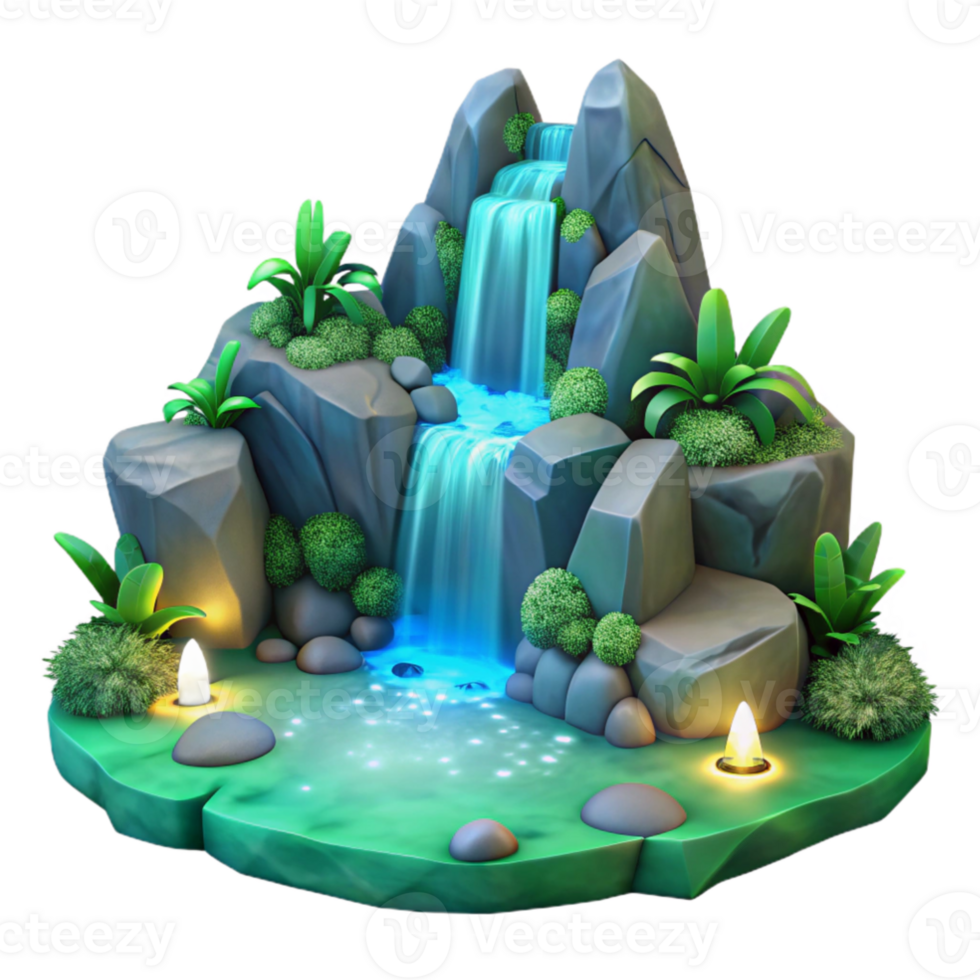 stunning abstract 3D Waterfall Illustration, Lush Tropical Plants 4K png