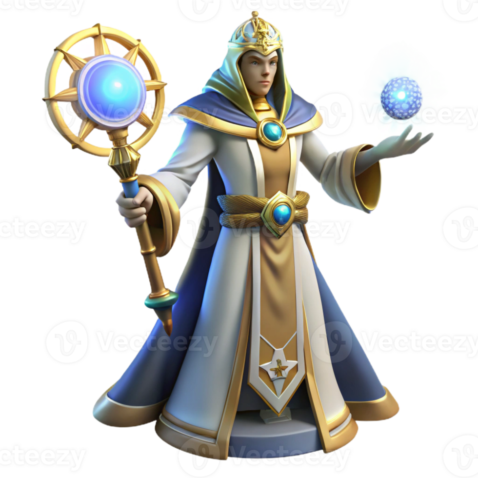 elegant vintage 3D Render Wizard with Staff and Orb detailed png