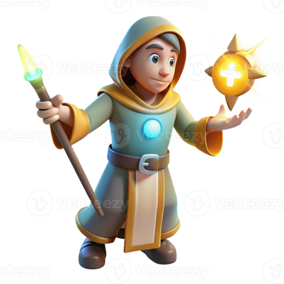 wonderful modern 3D Render Young Wizard Magical Staff detailed png