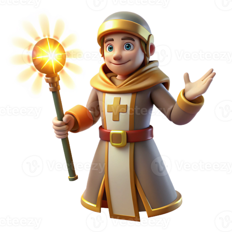 impressive modern 3D Render Cartoon Monk with Magic Wand original png