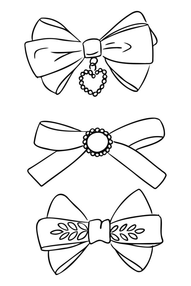 Hand drawn black and white illustration of three decorative bows with intricate details for a coloring page vector