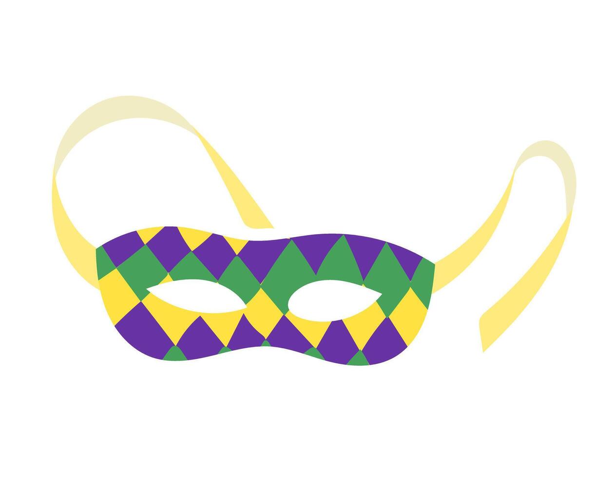 Colorful Mardi Gras mask with a harlequin pattern in purple, green, and yellow, featuring elegant ribbons vector