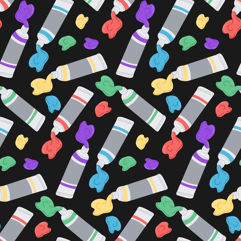 Seamless pattern with colorful paint tubes and splashes on a black background in a creative and artistic style vector