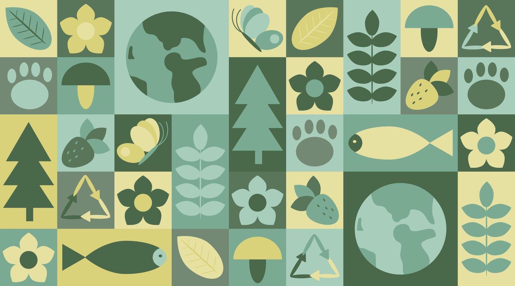 Eco friendly modular background with nature symbols, including trees, leaves, flowers, Earth, and recycling icons in green and yellow tones vector