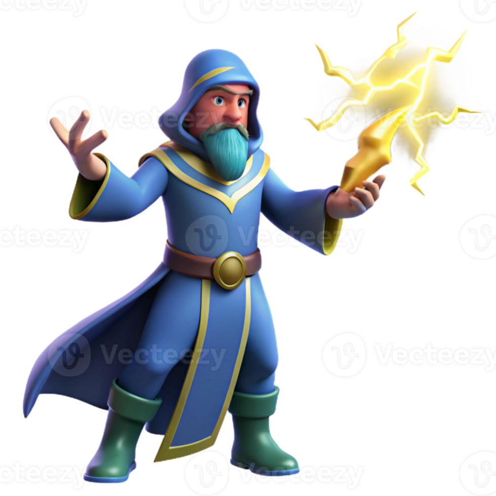 dramatic creative 3D Cartoon Wizard with Lightning Staff exclusive png