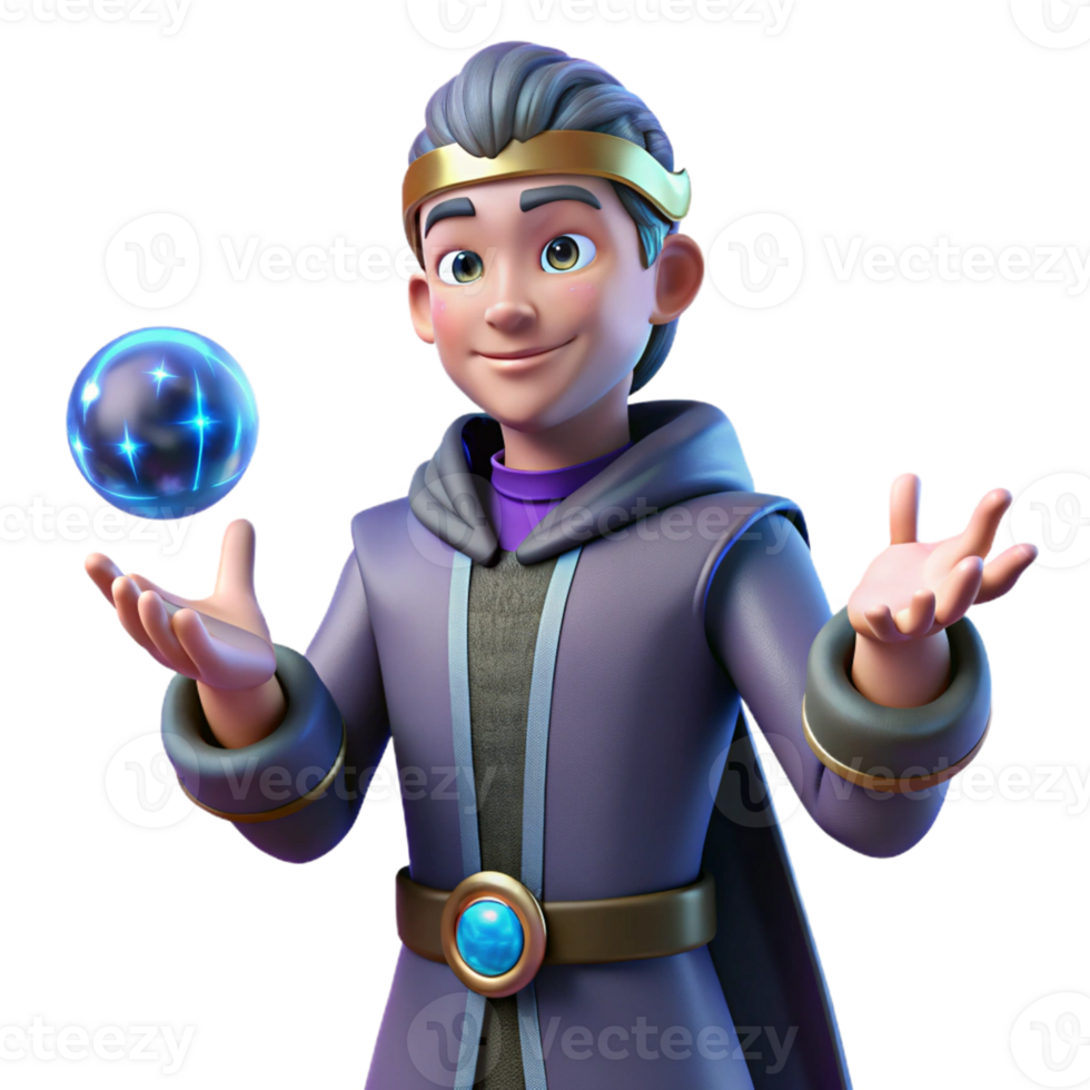 dramatic traditional 3D Render Young Wizard with Magic Orb high quality png