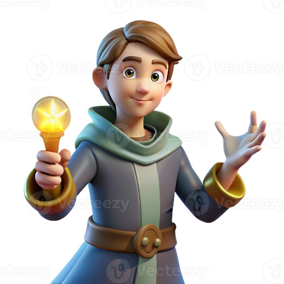 impressive rustic 3D Render Young Mage with Glowing Orb premium png