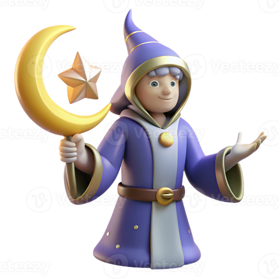 vibrant contemporary Friendly 3D Render Wizard Moon Star high quality png