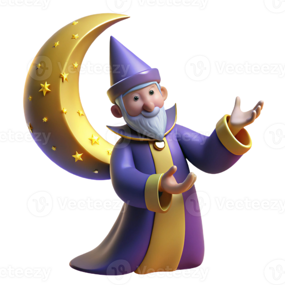 magnificent creative Friendly Wizard 3D Render with Crescent Moon original png