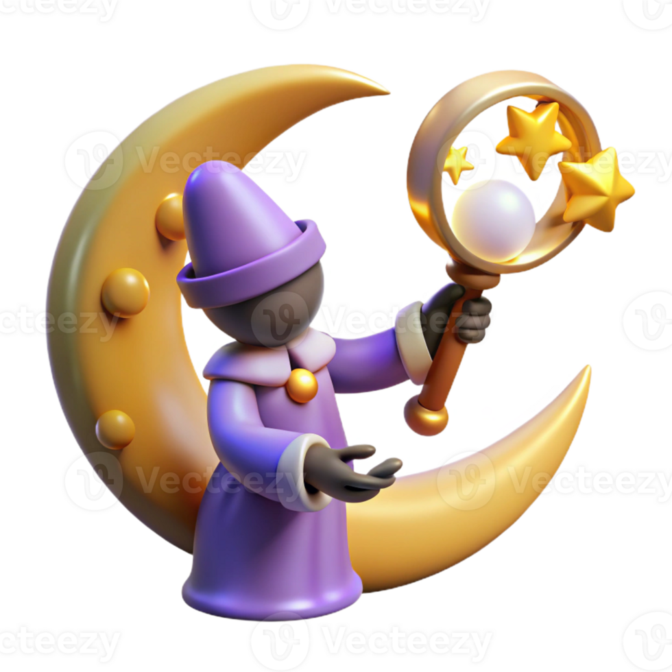 dramatic classic 3D Render Magical Wizard Crescent Moon Stars genuine png