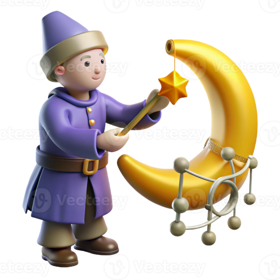 stunning traditional 3D Render of a Wizard and Crescent Moon 4K png