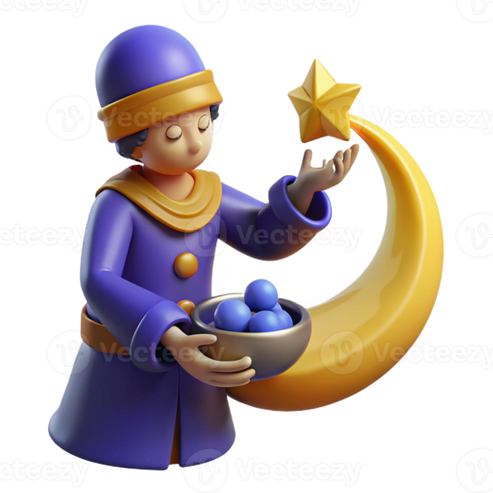 elegant contemporary 3D Render Magical Boy with Moon and Stars original png