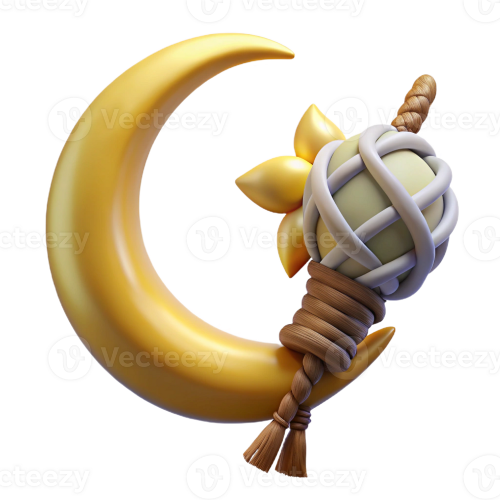 wonderful vintage 3D Render Golden Crescent Moon Sun Icon 4K png
