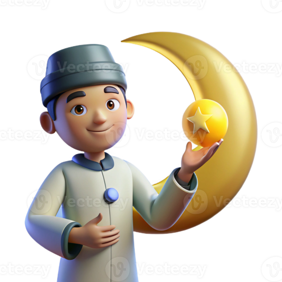 dramatic creative 3D Render of Boy Holding Star Crescent Moon exclusive png
