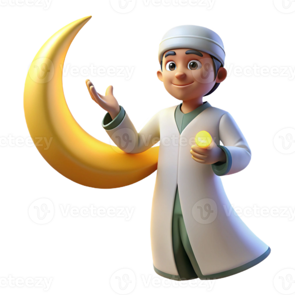 serene traditional 3D Render Boy Crescent Moon Illustration premium png