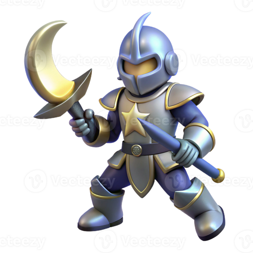 impressive abstract 3D Render Cute Knight with Crescent Moon Weapon authentic png