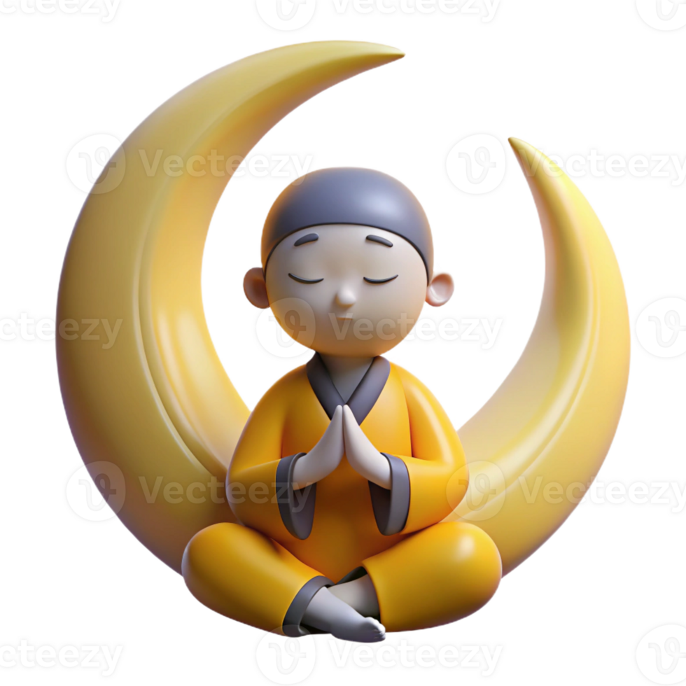 dramatic creative 3D Render Monk Meditating Crescent Moon exclusive png