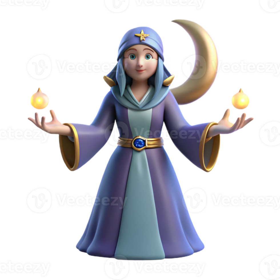 vibrant contemporary 3D Render Young Sorceress Moon Magic premium png
