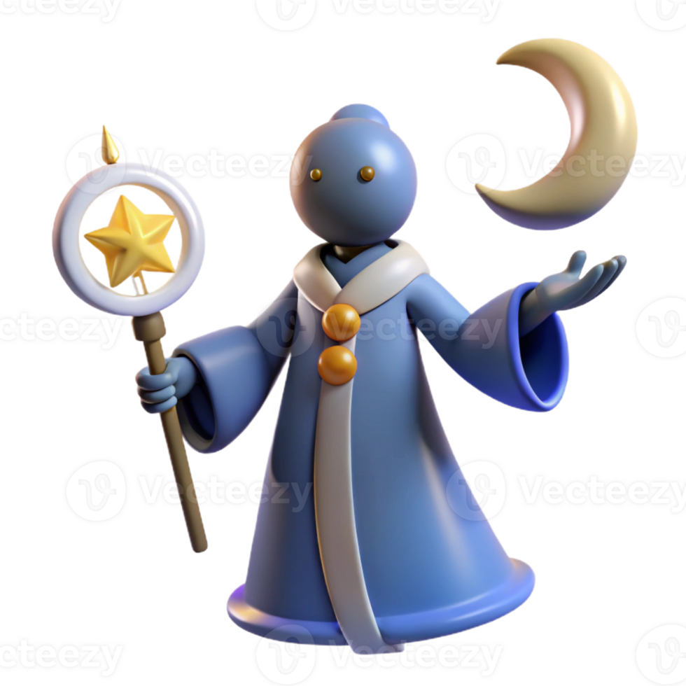 dramatic minimalist 3D Render Cartoon Wizard Moon Star genuine png