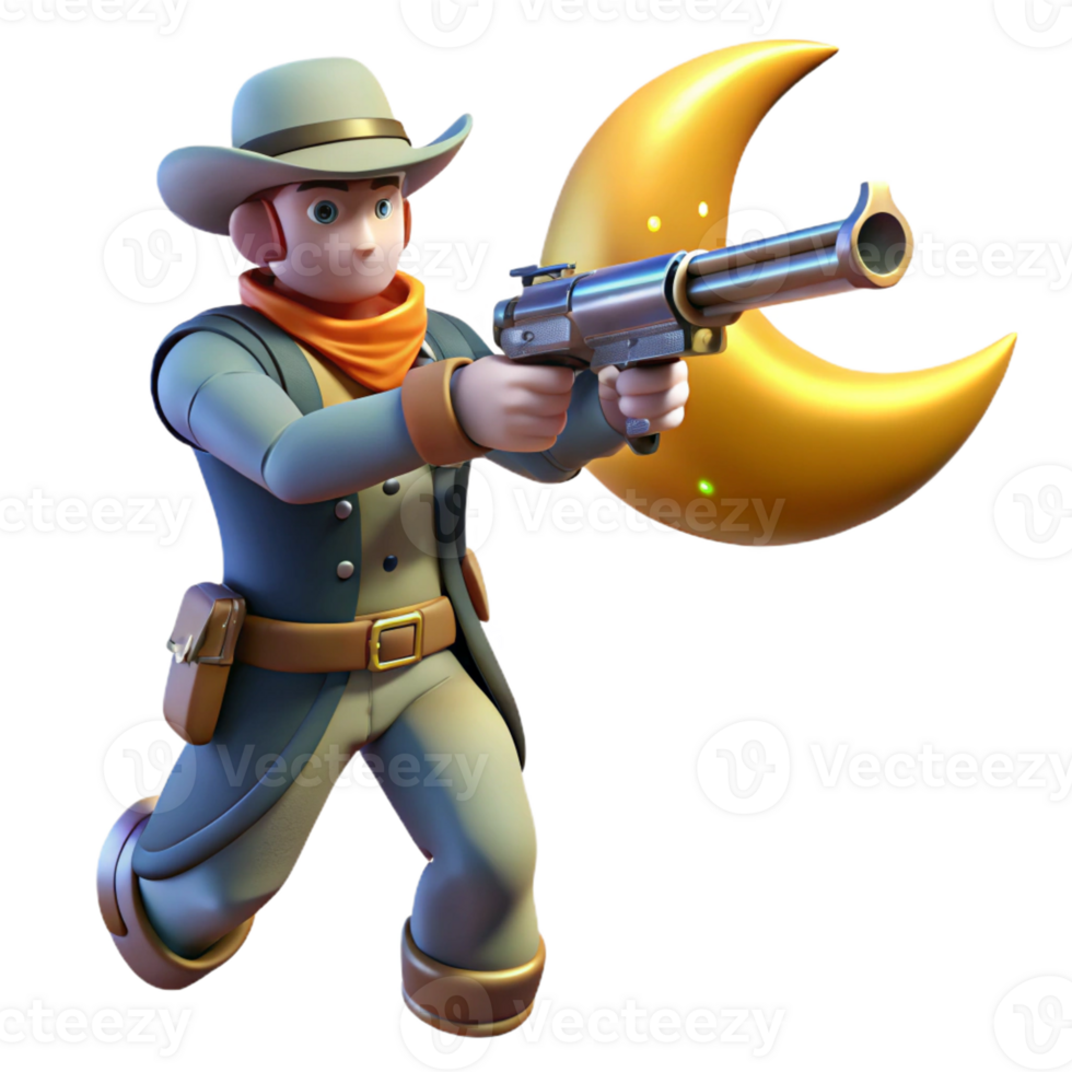 wonderful abstract 3D Cartoon Cowboy with Crescent Moon Gun high quality png