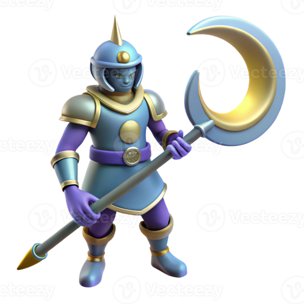 serene traditional 3D Render of Fantasy Warrior with Crescent Moon Staff professional png