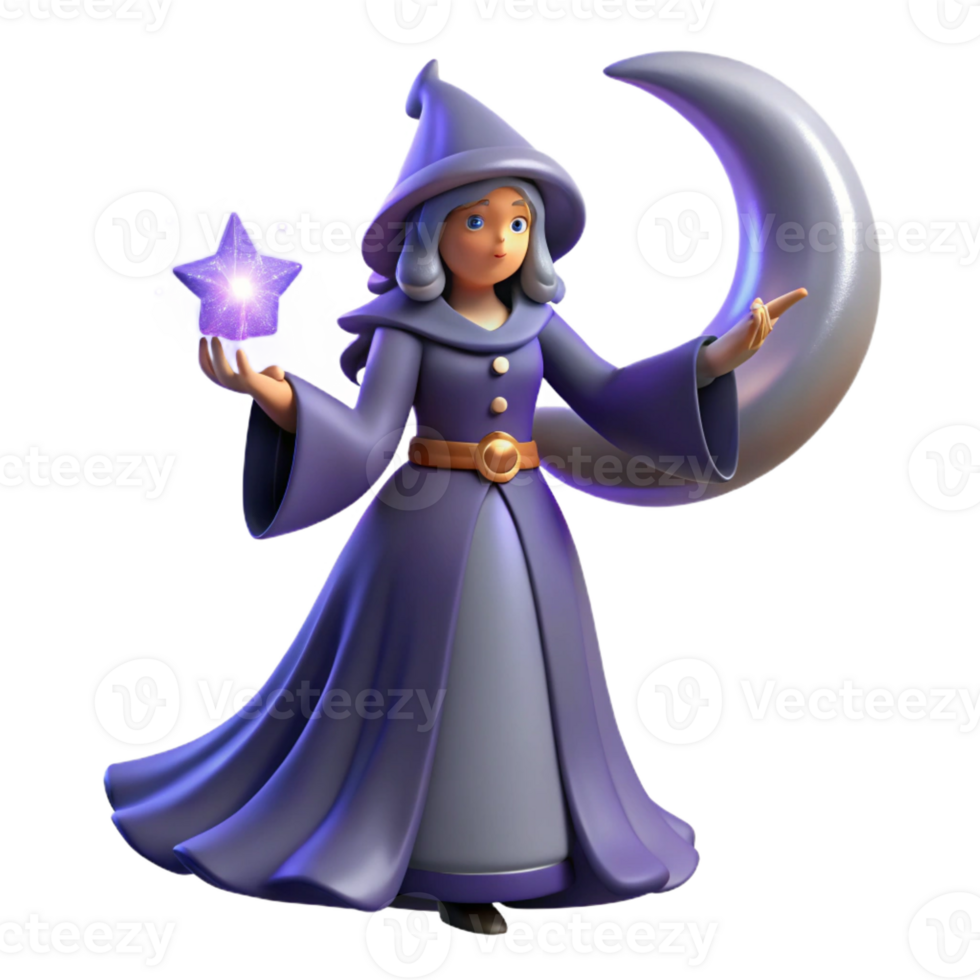 vibrant traditional 3D Render of a Cute Witch with Moon and Star exclusive png