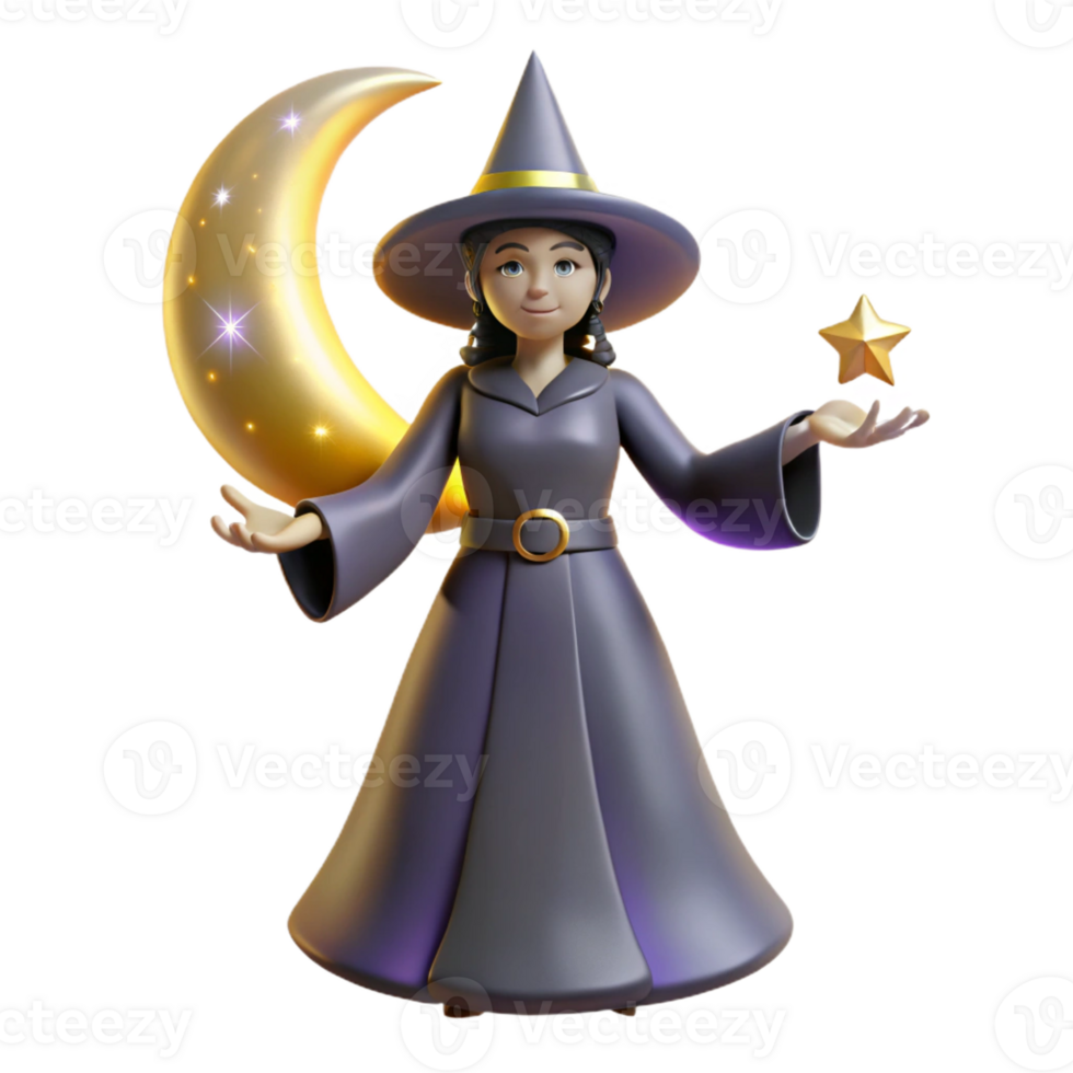 stunning traditional 3D Render Witch with Crescent Moon and Star high resolution png