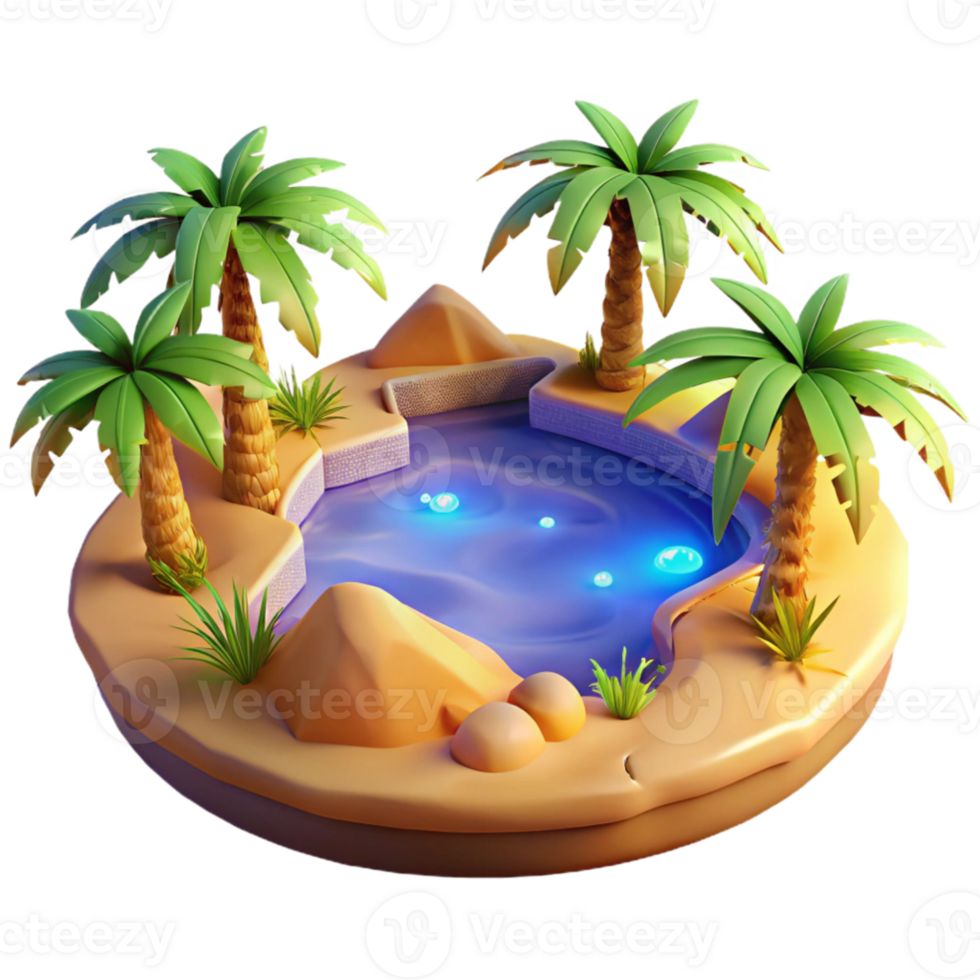 beautiful classic Oasis 3D Render Palm Trees Pool Desert Island authentic png
