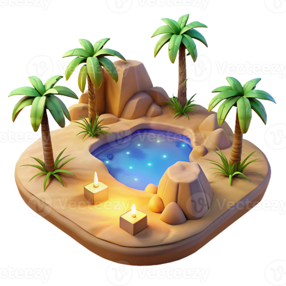 impressive contemporary Oasis 3D Render Palm Trees, Pool, Candles high resolution png
