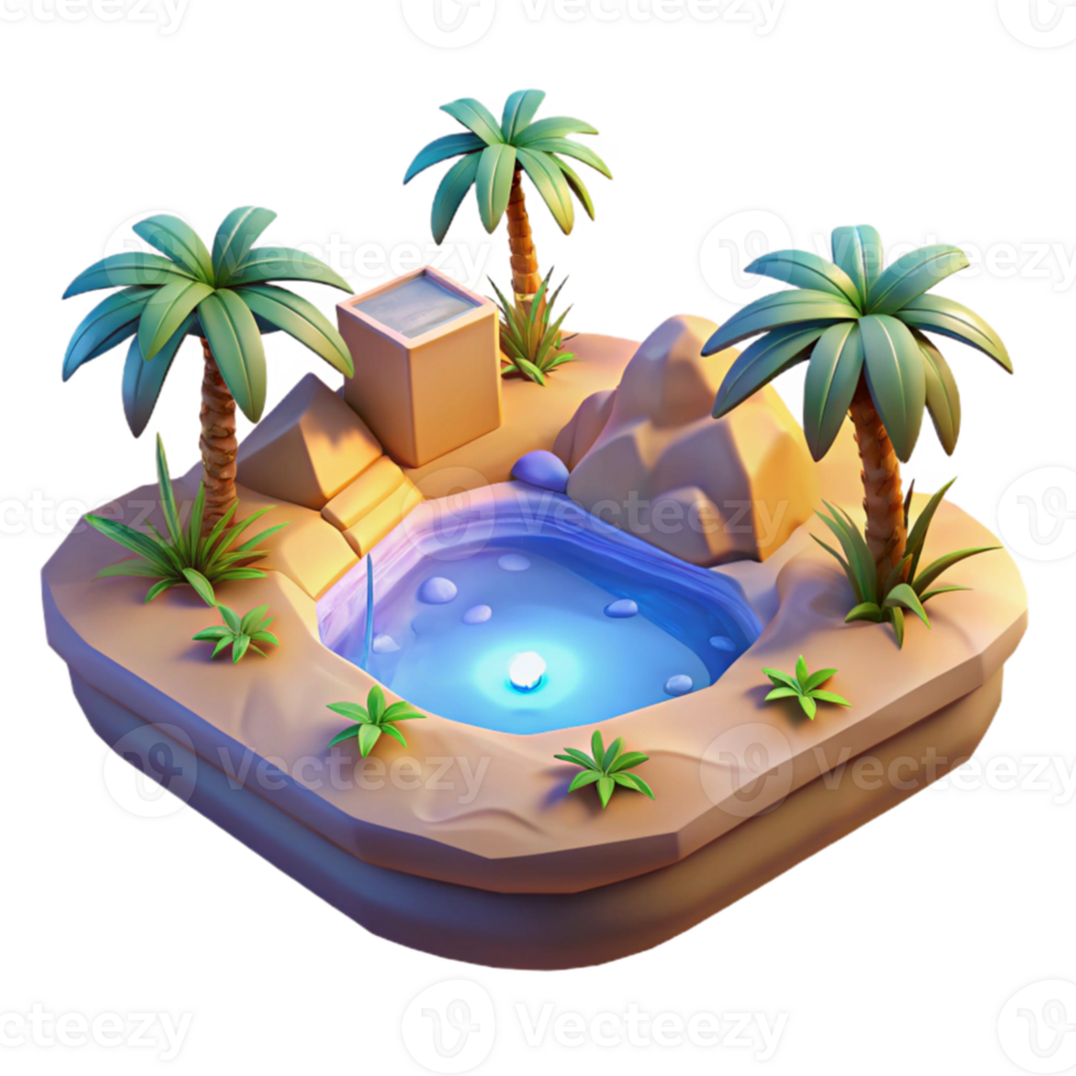 vibrant rustic Oasis 3D Render Desert Pool, Palm Trees, Stones genuine png