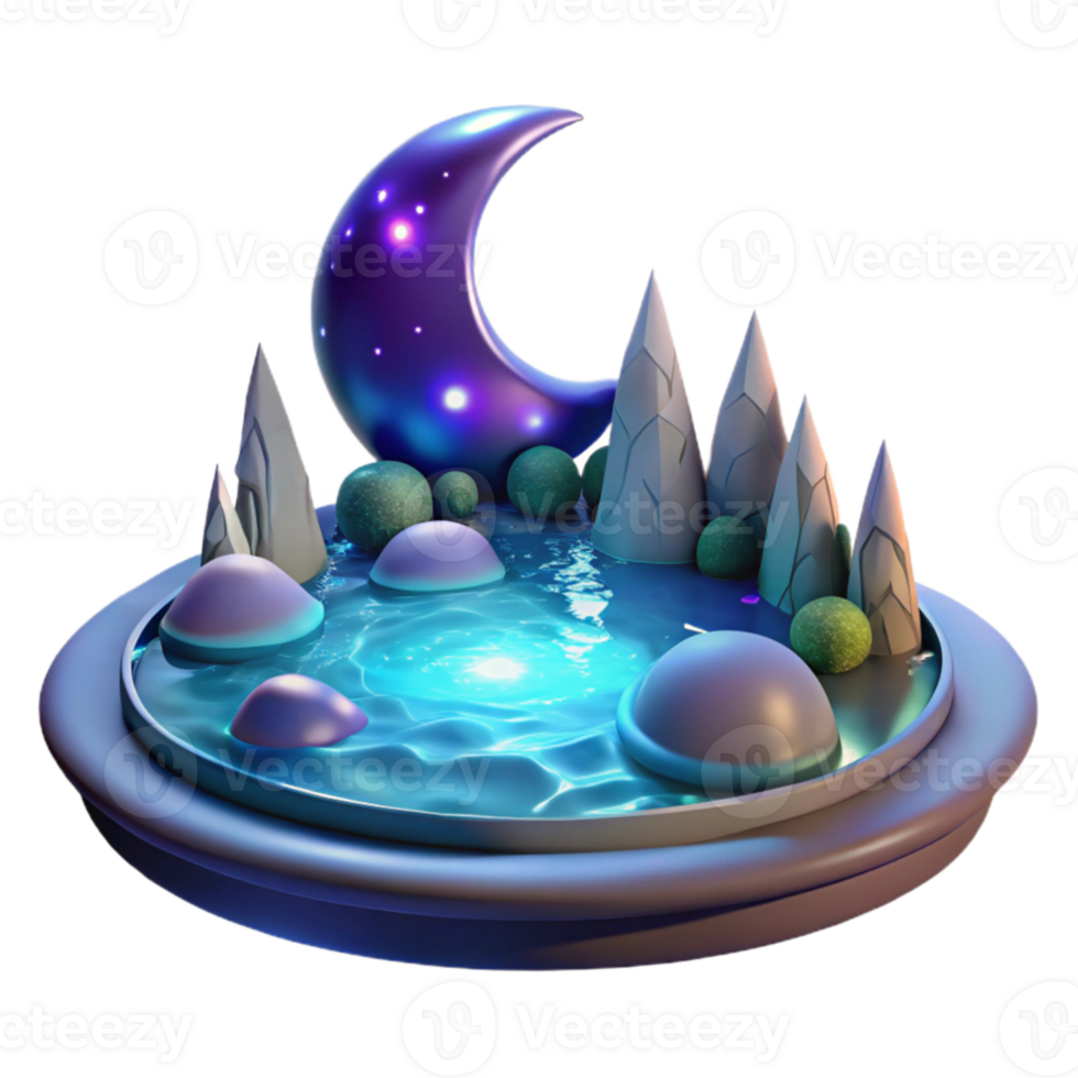 stunning vintage Enchanted Moonlit Pond 3D Illustration 4K png