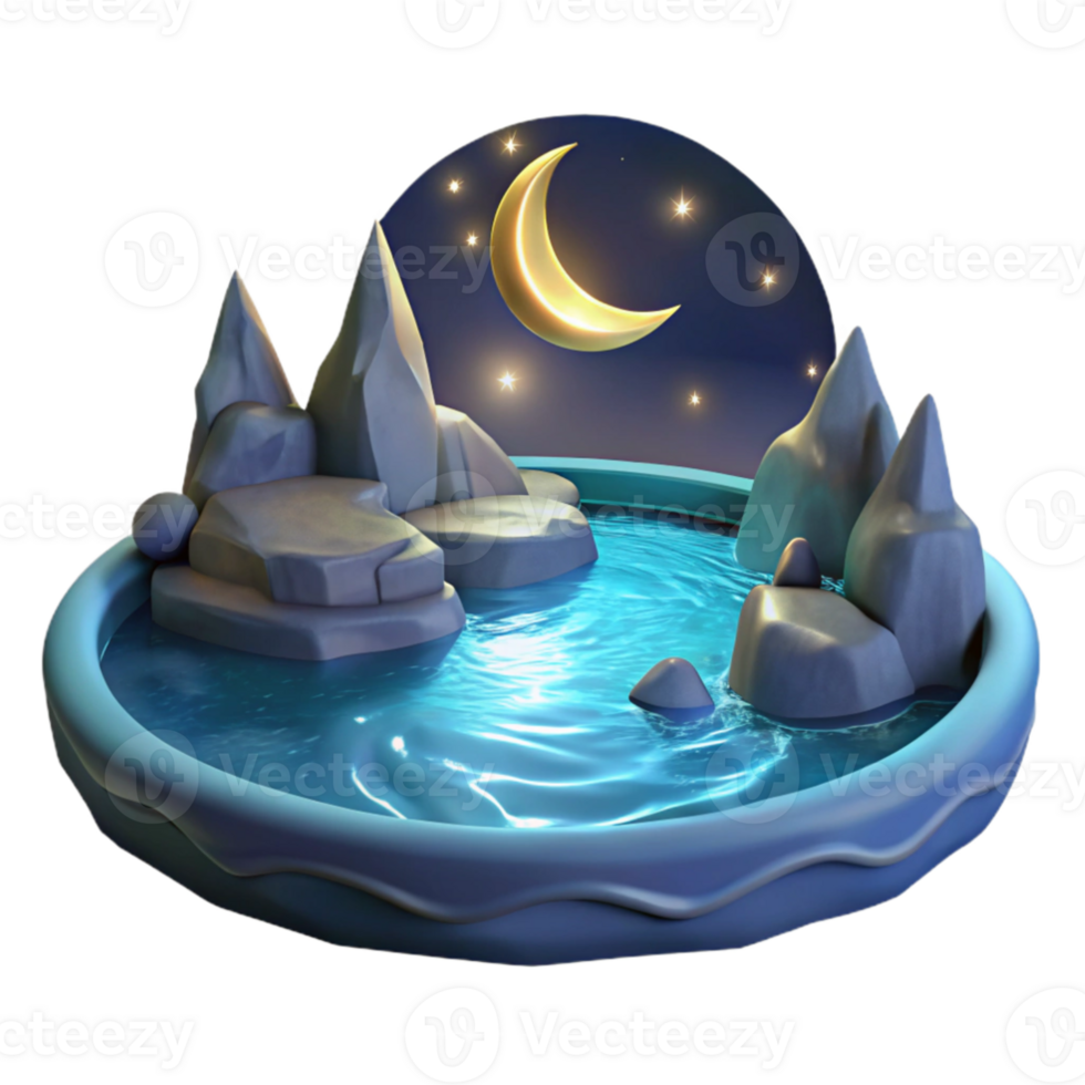 serene contemporary 3D Night Scene Illustration Serene Moonlit Pond detailed png