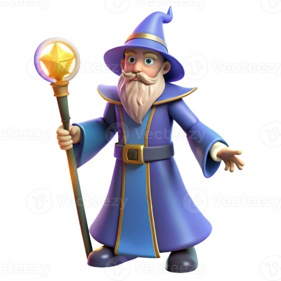 extraordinary modern 3D Cartoon Wizard Render, Magical Staff premium png