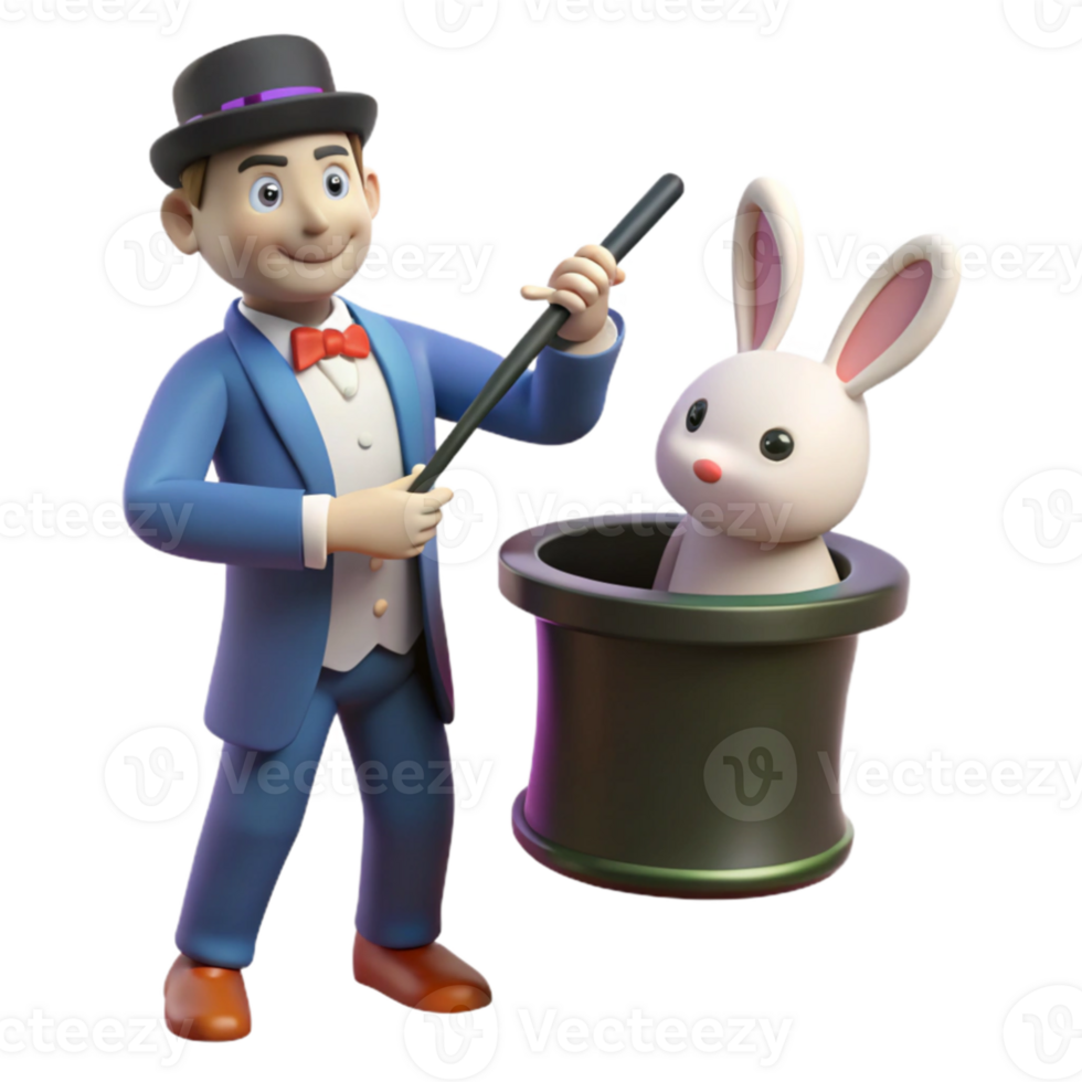 extraordinary rustic 3D Cartoon Magician Pulling Rabbit from Hat Illustration high resolution png