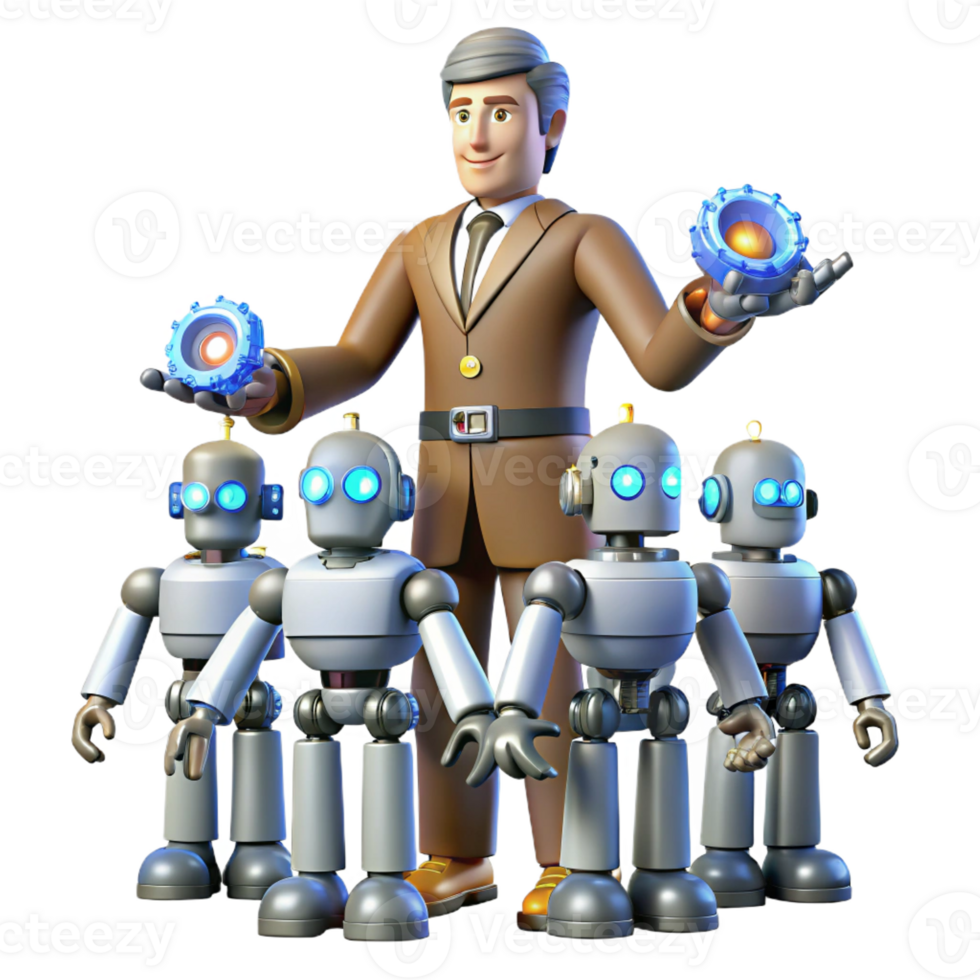 extraordinary minimalist 3D Illustration Engineer and his Robot Team genuine png