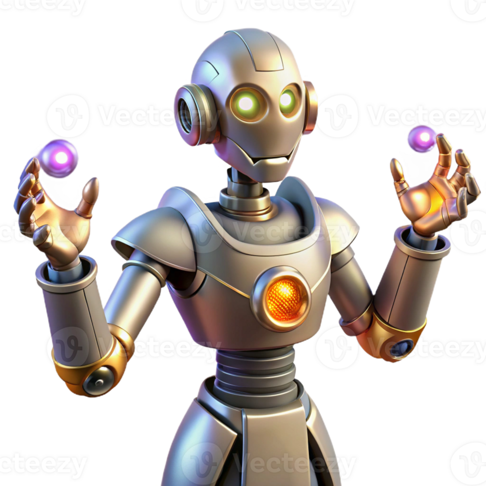 serene classic 3D Robot Illustration Metallic Bot with Glowing Energy original png