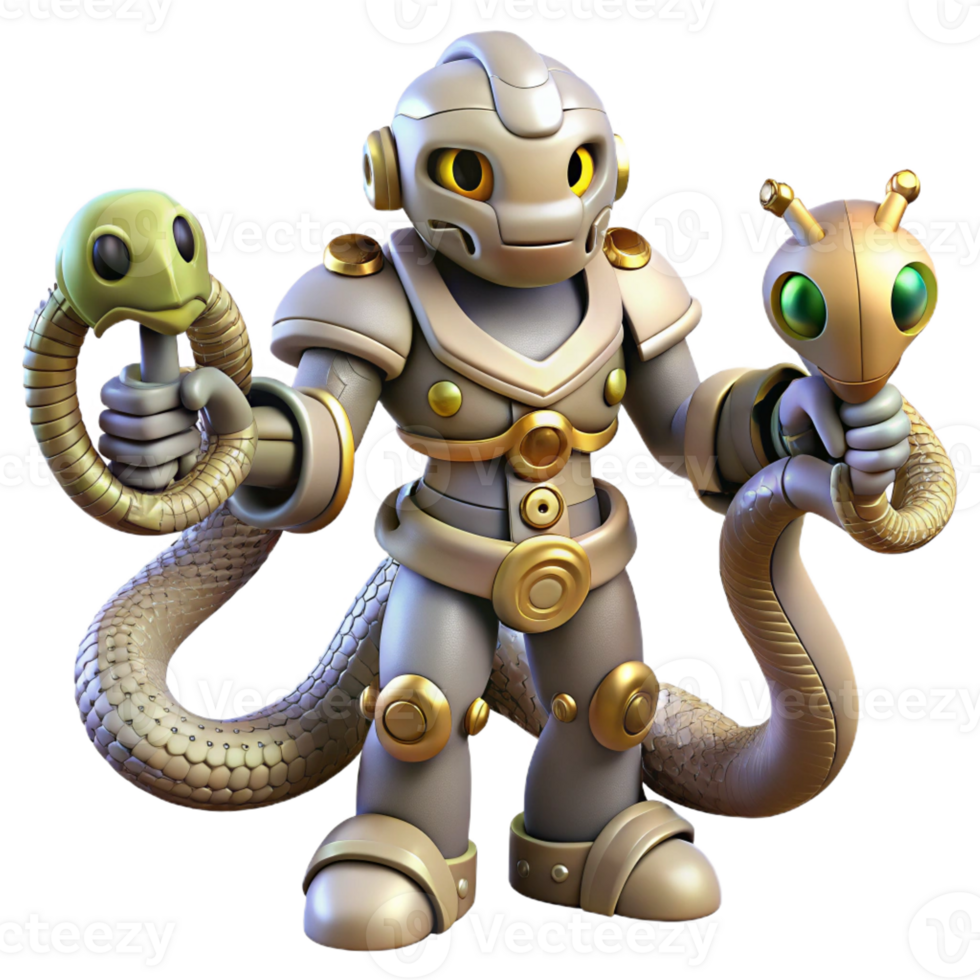 impressive rustic 3D Robot with Snakes Illustration authentic png