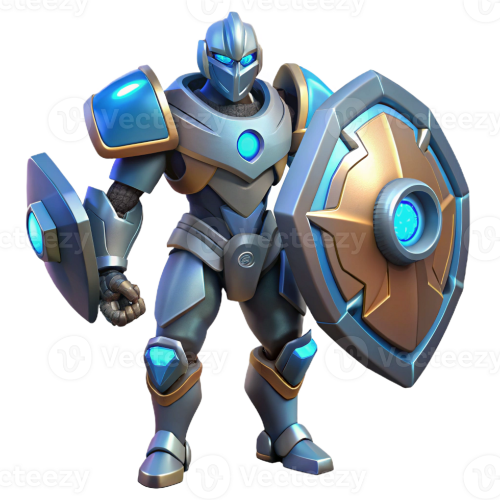 stunning traditional 3D Render of Armored Robot with Shield professional png