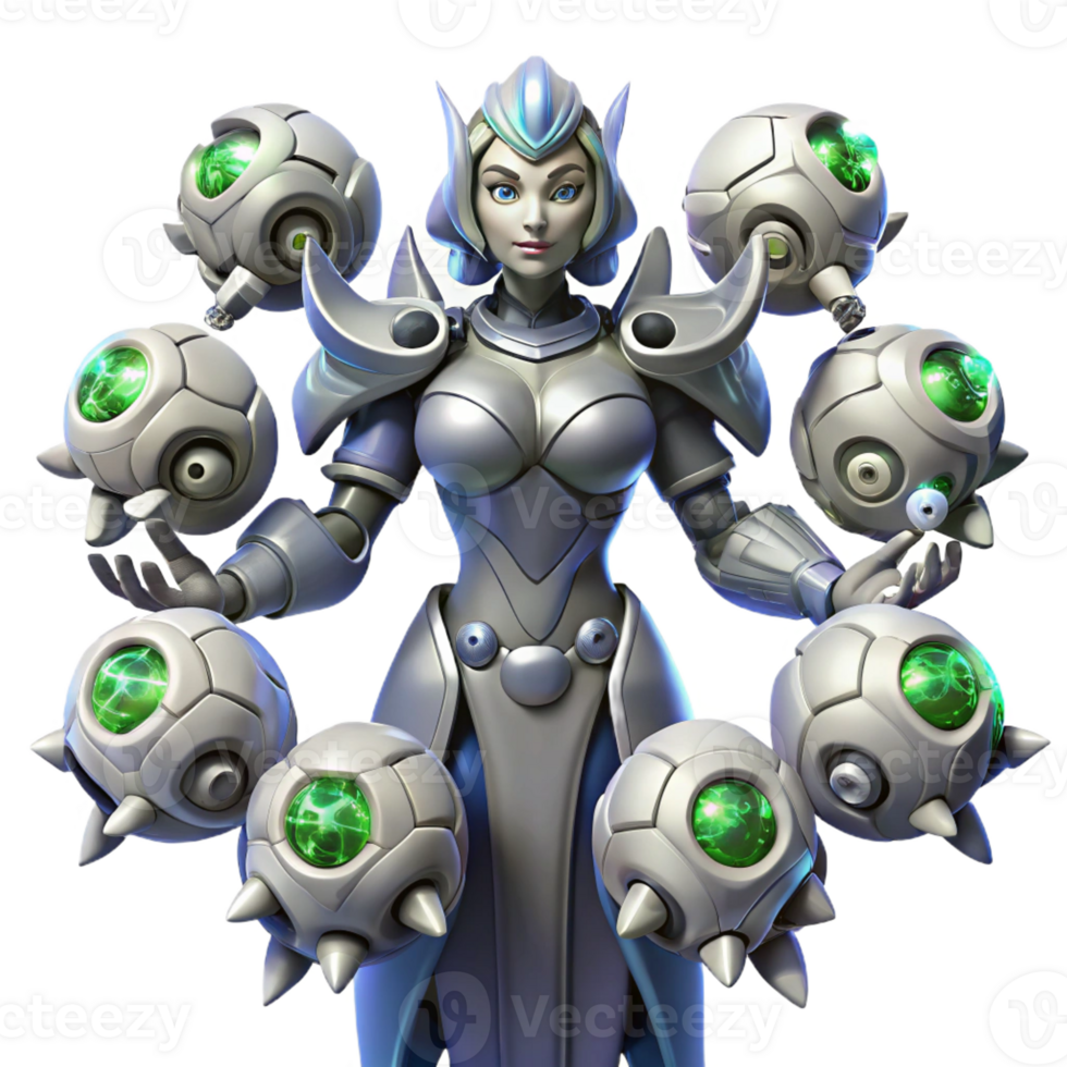serene traditional 3D Render Female Robot with Orbs genuine png