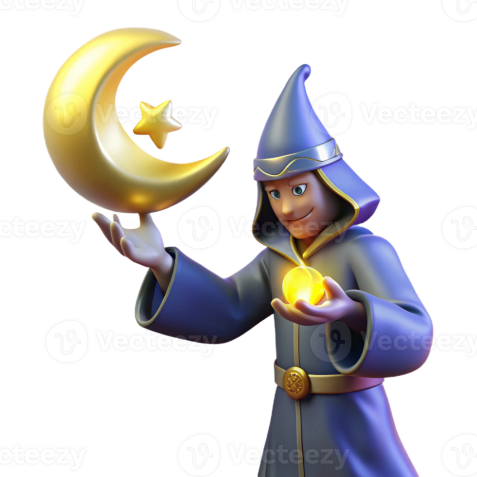 extraordinary rustic 3D Cartoon Wizard with Moon and Orb high resolution png
