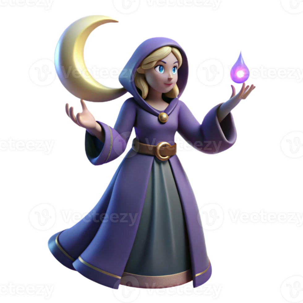 beautiful classic 3D Render Fantasy Witch with Moon premium png