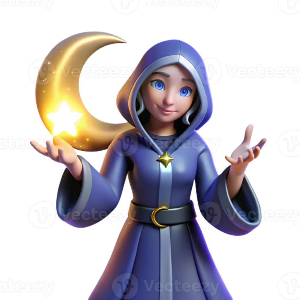 stunning creative 3D Render Magical Girl with Moon and Star original png