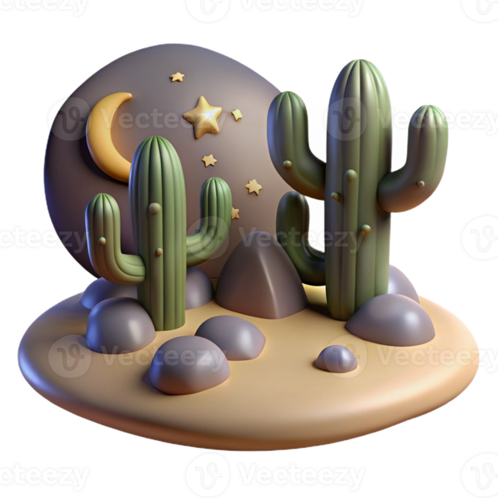 dramatic traditional Night Desert Cactus 3D Render professional png