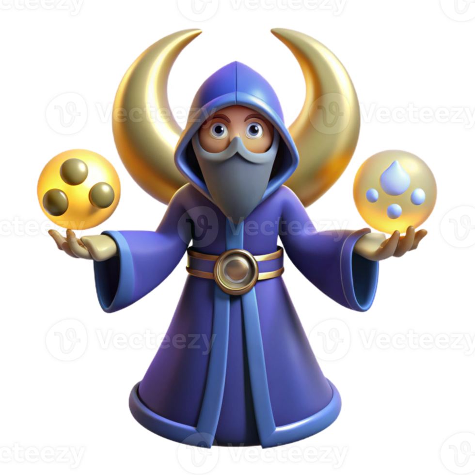 beautiful traditional 3D Cartoon Wizard with Gold Crescent Moons and Magical Globes high resolution png