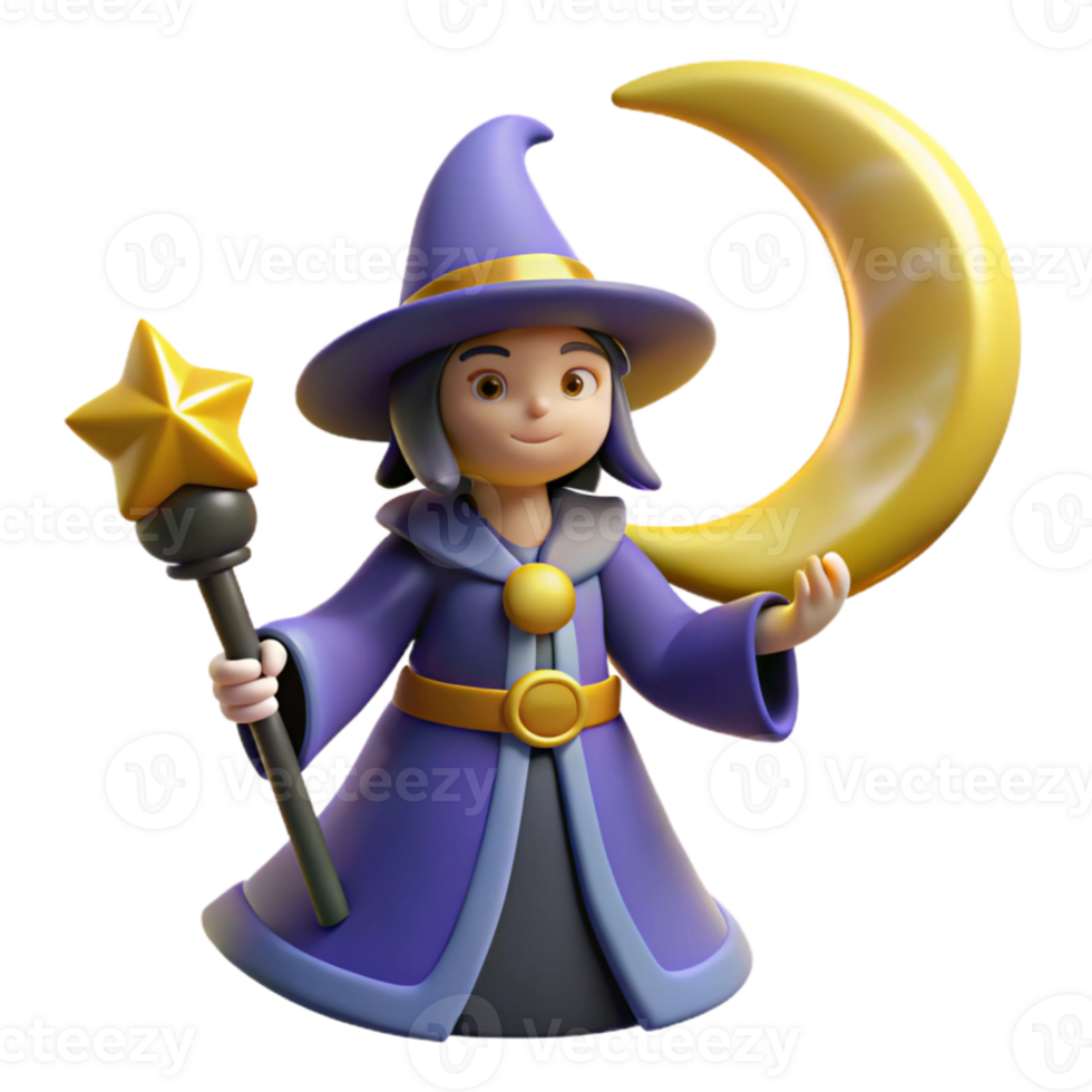 dramatic vintage Cute Wizard 3D Render Illustration detailed png