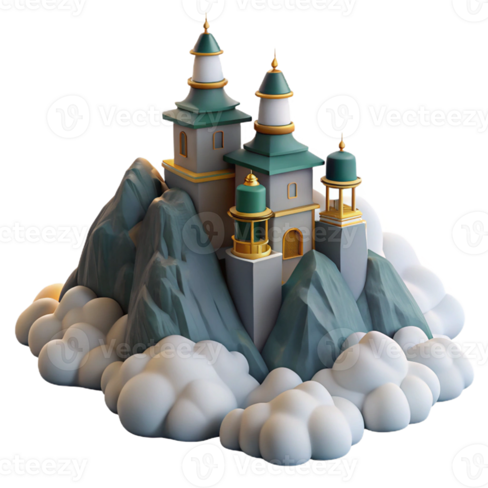 impressive contemporary 3D Render Mountaintop Castle Illustration premium png