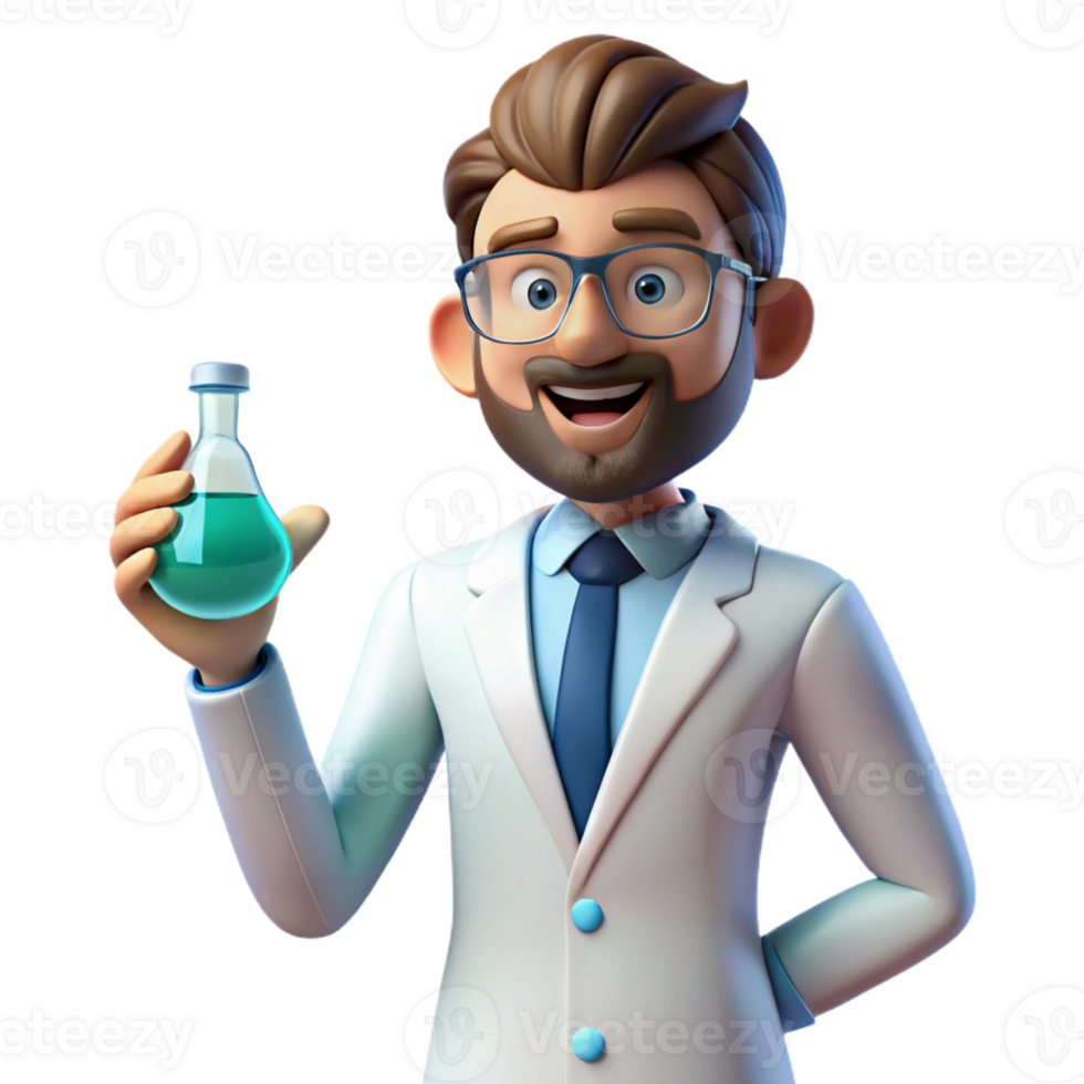 wonderful artistic Smiling 3D Cartoon Scientist Holding Beaker high quality png