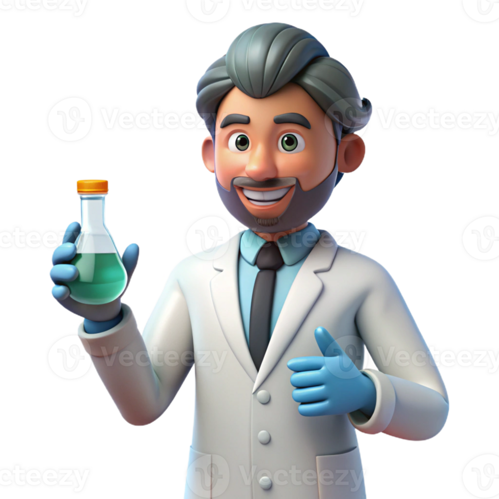 vibrant traditional 3D Cartoon Scientist Holding Flask detailed png