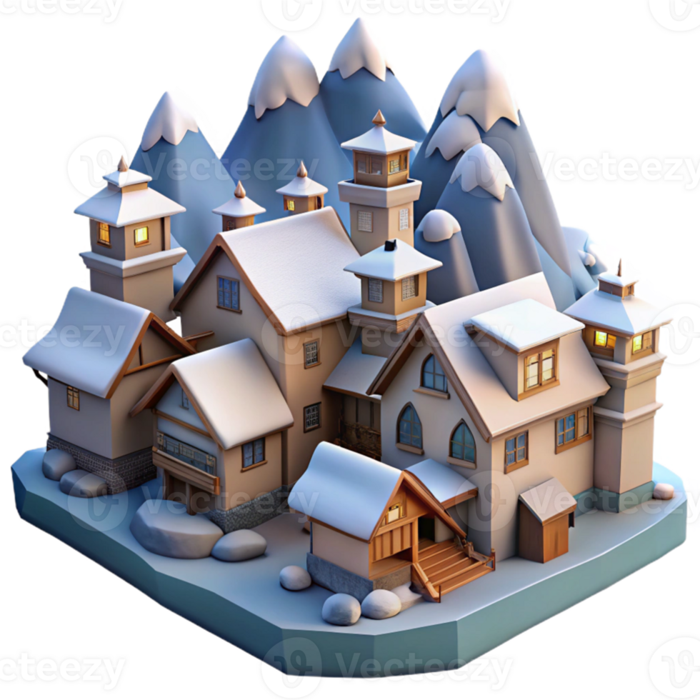 serene modern Snowy Mountain Village 3D Render 4K png